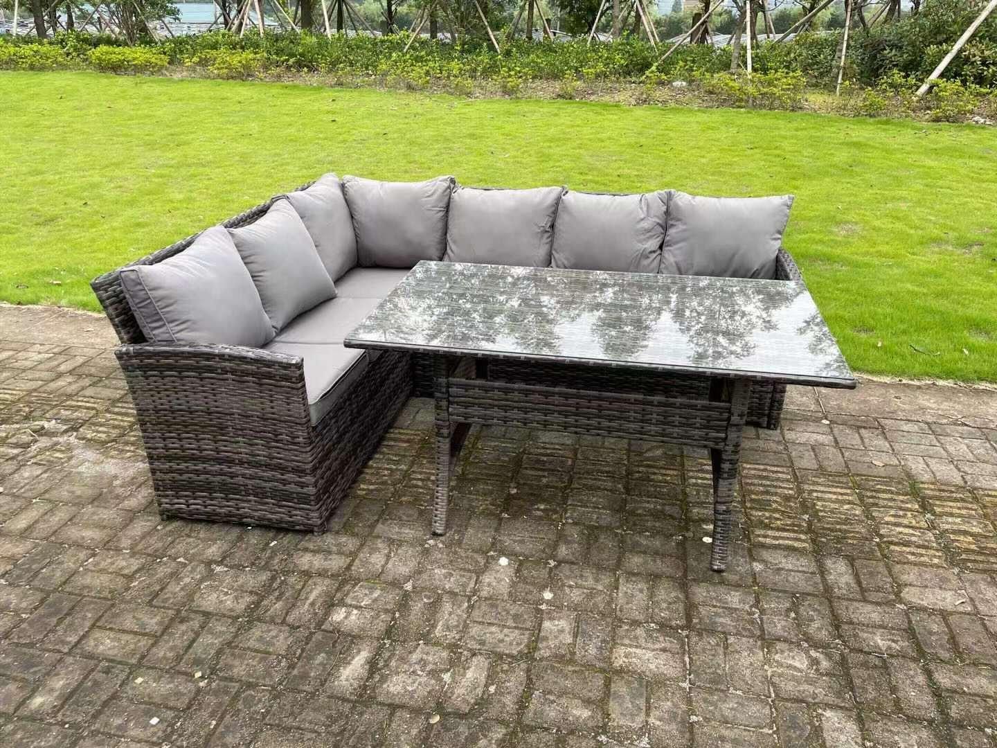 High Back Dark Mixed Grey Rattan Corner Sofa Set Outdoor Furniture Rectangular Dining Table 6 Seater